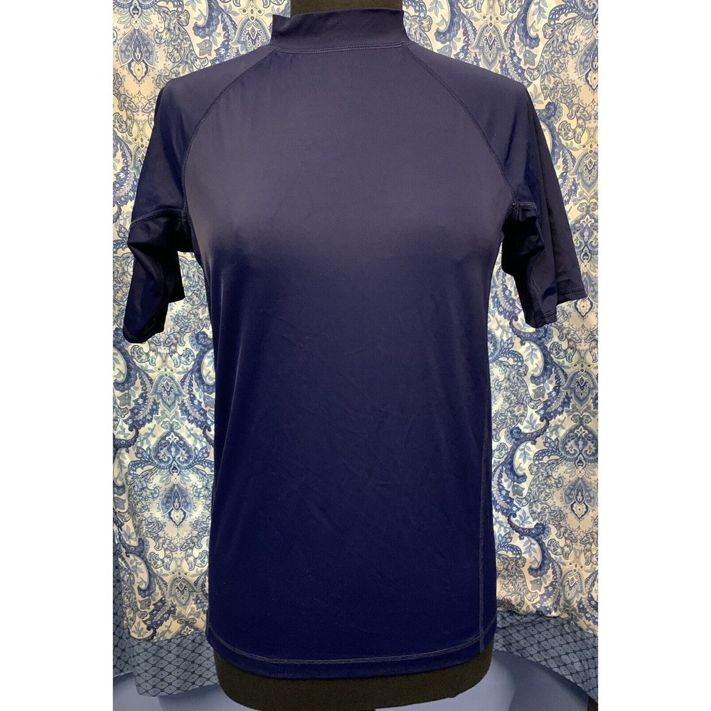 LANDS’ END L LARGE 14/16 Navy Blue Rash Guard Short Sleeve Swim Top Cover Up EUC
